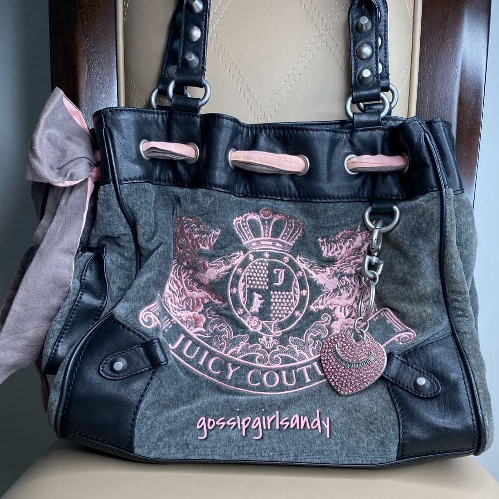 Juicy Couture Vintage Velour Grey & Pink Daydreamer Handbag